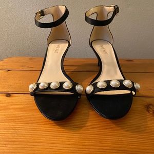 Nine West Black Satin Lipstick Kitten Heel with Pearl Detail - 7.5m